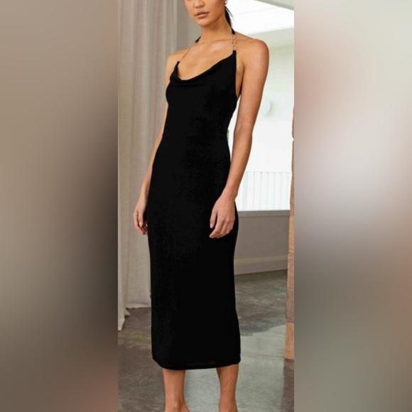 NWT Misha Deana Gold Chain Cowl Neck Midi Jersey Halter Dress Black Women 6 NWT - Picture 2 of 10